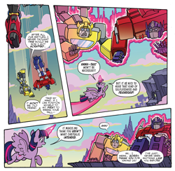 Size: 1995x1946 | Tagged: safe, artist:tonyfleecs, derpibooru import, idw, twilight sparkle, twilight sparkle (alicorn), alicorn, spoiler:comic, spoiler:friendship in disguise, bumblebee (transformers), comic, cropped, crossover, equestria, magic, open mouth, optimus prime, prime (transformers), transformers, windblade