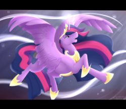 Size: 3500x3037 | Tagged: safe, artist:onecoolmule, derpibooru import, princess twilight 2.0, twilight sparkle, twilight sparkle (alicorn), alicorn, pony, the last problem, armor, blurry, crown, crying, female, floating, flowing mane, flowing tail, flying, hoof shoes, horn magic, jewelry, mare, older, older twilight, open mouth, peytral, raised leg, regalia, singing, soft color, solo, spread wings, tears of pain, widescreen, wings