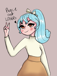 Size: 1620x2160 | Tagged: safe, artist:lilmissnightshade, derpibooru import, cozy glow, human, female, humanized, older, older cozy glow, peace sign, smug, solo