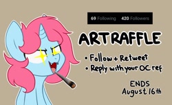 Size: 2000x1219 | Tagged: safe, artist:handgunboi, derpibooru import, oc, oc:starfire, pony, unicorn, blunt, female, giveaway, mare, messy mane, raffle, shining eyes, simple background, solo