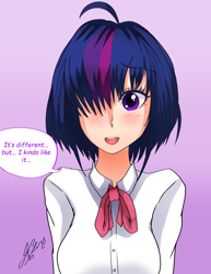 Size: 2550x3300 | Tagged: safe, artist:manhunterj, derpibooru import, twilight sparkle, human, alternate hairstyle, anime, dialogue, female, hair over one eye, haircut, humanized, open mouth, short hair, signature, solo, speech bubble