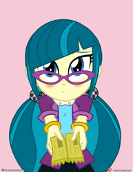 Size: 1500x1942 | Tagged: safe, artist:dieart77, derpibooru import, juniper montage, equestria girls, blushing, bracelet, clothes, commission, cute, female, glasses, jewelry, junibetes, moe, movie ticket, nervous, pigtails, skirt, solo, weapons-grade cute