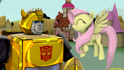 Size: 1920x1080 | Tagged: safe, artist:lance-pizon, derpibooru import, fluttershy, pegasus, pony, robot, 3d, autobot, bumblebee (transformers), crossover, cute, flower crowns, source filmmaker, transformers