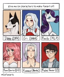 Size: 1080x1290 | Tagged: safe, artist:izzy8cake, derpibooru import, rarity, dog, human, pony, unicorn, bust, clothes, eri, female, glasses, it, jojo's bizarre adventure, kimimaro, makeup, male, mare, my hero academia, naruto, overalls, richie tozier, rose quartz (steven universe), six fanarts, smiling, steven universe, tongue out