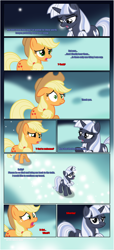 Size: 1919x4225 | Tagged: safe, artist:estories, derpibooru import, applejack, oc, oc:silverlay, earth pony, pony, unicorn, comic:a(pple)ffection, comic, dialogue, duo, female, floppy ears, horn, looking at each other, mare, raised hoof, shocked, show accurate, unamused, unicorn oc, upset, vector, worried