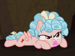 Size: 840x634 | Tagged: safe, derpibooru import, edit, edited screencap, editor:victorfazbear, screencap, cozy glow, pegasus, pony, frenemies (episode), angry, cozy glow is not amused, cozybetes, cropped, cute, madorable, pacifier, pouting, prone, solo