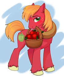 Size: 2289x2723 | Tagged: safe, artist:kyotoleopard, derpibooru import, big macintosh, earth pony, pony, apple, basket, colored hooves, cute, cutie mark, digital art, food, high res, looking at you, macabetes, male, mouth hold, solo, stallion, tail, unshorn fetlocks