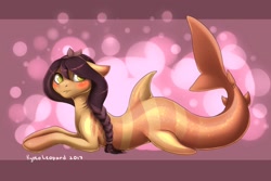 Size: 1280x853 | Tagged: safe, artist:kyotoleopard, derpibooru import, oc, oc only, original species, pony, shark, shark pony, blushing, digital art, fins, hooves, looking at you, simple background, solo, tail