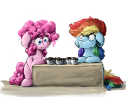 Size: 3300x2550 | Tagged: safe, artist:th3ipodm0n, derpibooru import, pinkie pie, rainbow dash, earth pony, pegasus, pony, angry, burnt, do i look angry, duo, faic, female, food, high res, mare, rainbow dash is not amused, simple background, sitting, unamused