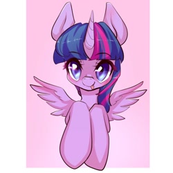 Size: 1080x1080 | Tagged: safe, alternate version, artist:charlieplush, derpibooru import, twilight sparkle, twilight sparkle (alicorn), alicorn, pony, abstract background, bust, cute, female, mare, solo, spread wings, tongue out, twiabetes, wings