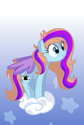 Size: 400x592 | Tagged: safe, artist:andromedasparkz, derpibooru import, oc, oc:bittersweet, pegasus, cloud, colored wings, cute, diabetes, folded wings, gradient background, gradient wings, long mane, smiling, solo, stars, tiptoe, wings