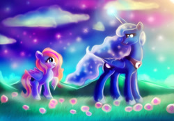 Size: 2035x1418 | Tagged: safe, artist:loveless-nights, derpibooru import, princess luna, oc, oc:bittersweet, alicorn, pegasus, pony, cute, diabetes, ethereal mane, flower, folded wings, lunabetes, moonlight, night, night sky, shading, sky, smiling, starry mane, wings