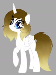 Size: 1215x1620 | Tagged: safe, artist:pearl123_art, derpibooru import, oc, oc only, alicorn, pony, alicorn oc, base used, eyelashes, gray background, horn, raised hoof, simple background, smiling, solo, wings