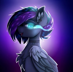 Size: 1080x1073 | Tagged: safe, artist:pearl123_art, derpibooru import, oc, oc only, pegasus, pony, abstract background, chest fluff, choker, ear fluff, ear piercing, female, mare, open mouth, pegasus oc, piercing, smiling, solo, sombra eyes, wings