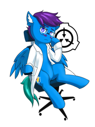 Size: 3120x4160 | Tagged: safe, artist:ninebuttom, derpibooru import, oc, oc:dr.picsell dois, pegasus, pony, clothes, facial hair, glasses, lab coat, male, moustache, office chair, scp, scp foundation, simple background, solo, stallion