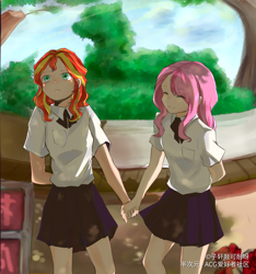 Size: 1970x2102 | Tagged: safe, artist:子轩敲可耐呀, derpibooru import, fluttershy, sunset shimmer, human, equestria girls, clothes, female, holding hands, humanized, lesbian, school uniform, schoolgirl, shipping, smiling, sunshyne