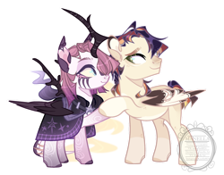 Size: 1024x804 | Tagged: safe, artist:manella-art, derpibooru import, oc, oc:craner moon, oc:windy daybreak, alicorn, pegasus, cloak, clothes, crooked horn, horn, male, simple background, stallion, transparent background