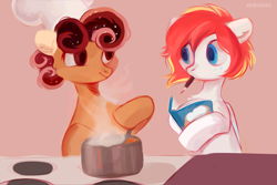 Size: 3000x2000 | Tagged: safe, artist:_mpiesocks, artist:raily, derpibooru import, oc, oc only, oc:margaret pie-socks, oc:spectrum beam, pegasus, pony, book, cooking, duo, high res, looking at each other, mouth hold, pegasus oc, wings