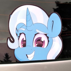 Size: 794x794 | Tagged: safe, artist:partylikeanartist, derpibooru import, trixie, pony, unicorn, anime, anime eyes, bumper sticker, car, cute, diatrixes, etsy, eyebrows, ford focus, irl, looking at you, peeker, photo, smiling, smirk, solo, sticker