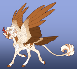 Size: 1598x1424 | Tagged: safe, artist:turnipberry, derpibooru import, oc, hybrid, kirin, pegasus, gradient background, interspecies offspring, kirin horn, leonine tail, offspring, parent:autumn blaze, parents:canon x oc, solo, tail feathers