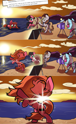 Size: 1280x2060 | Tagged: safe, artist:wadusher0, derpibooru import, photo finish, oc, oc:pun, earth pony, pony, beach, rearing, sunset