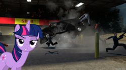 Size: 2560x1438 | Tagged: safe, artist:faze-alan-mskull2019, derpibooru import, twilight sparkle, unicorn twilight, pony, unicorn, 3d, coronavirus, covid-19, cute, explosion, explosives, female, gangsta, gmod, irl, mare, photo, ponies in real life, smiling