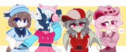 Size: 4000x1667 | Tagged: safe, artist:etoz, derpibooru import, oc, oc only, oc:gravel shine, bat pony, earth pony, pony, unicorn, angry, bandaid, bat pony oc, bat wings, belly button, belt, bipedal, blue eyes, blushing, brown hair, cap, cat ears, clothes, cute, earth pony oc, eyebrows, eyebrows down, fangs, female, freckles, grey hair, happy, hat, headphones, hoodie, horn, male, mare, midriff, one eye closed, pink eyes, pink hair, request, requested art, sailor uniform, shirt, skirt, smiling, stallion, stars, teeth, tsundere, unicorn oc, uniform, white hair, wings, wink