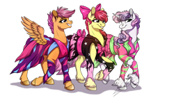 Size: 1920x1080 | Tagged: safe, artist:lupiarts, derpibooru import, apple bloom, scootaloo, sweetie belle, earth pony, pegasus, pony, unicorn, clothes, cutie mark crusaders, older, show stopper outfits