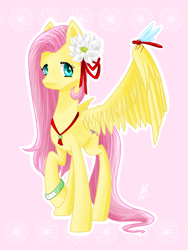 Size: 900x1200 | Tagged: safe, artist:pettaletta101, derpibooru import, fluttershy, dragonfly, insect, pegasus, pony, flower, flower in hair, pink background, simple background