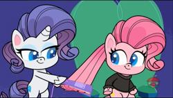 Size: 1366x768 | Tagged: safe, derpibooru import, screencap, pinkie pie, rarity, earth pony, pony, unicorn, keynote pie, my little pony: pony life, spoiler:pony life s01e26, bipedal