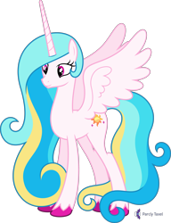 Size: 4000x5221 | Tagged: safe, alternate version, artist:parclytaxel, derpibooru import, oc, oc only, oc:princess skysparkle, alicorn, pony, .svg available, absurd resolution, alicorn oc, commission, female, horn, mare, not celestia, simple background, smiling, solo, spread wings, transparent background, unshorn fetlocks, vector, wings