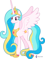 Size: 4000x5221 | Tagged: safe, alternate version, artist:parclytaxel, derpibooru import, oc, oc only, oc:princess skysparkle, alicorn, pony, .svg available, absurd resolution, alicorn oc, commission, crown, female, hoof shoes, horn, jewelry, mare, not celestia, peytral, regalia, simple background, smiling, solo, sparkles, spread wings, transparent background, vector, wings