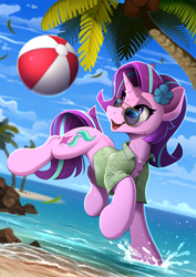 Size: 1690x2390 | Tagged: safe, artist:yakovlev-vad, derpibooru import, starlight glimmer, pony, unicorn, beach, beach ball, chest fluff, clothes, cute, female, flower, flower in hair, glimmerbetes, mare, open clothes, open mouth, open shirt, palm tree, shirt, solo, sunglasses, tree, water
