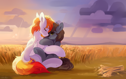 Size: 2400x1500 | Tagged: safe, artist:zlatavector, derpibooru import, oc, oc only, pegasus, pony, unicorn, commission, couple, love, outdoors, scenery, sweet, ych result
