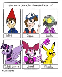 Size: 1080x1350 | Tagged: safe, artist:pomtan_artventures, derpibooru import, twilight sparkle, twilight sparkle (alicorn), alicorn, human, pikachu, pony, baseball cap, bust, cap, clothes, crossover, dipper pines, female, gravity falls, hat, makeup, male, mare, over the garden wall, pokémon, running makeup, six fanarts, smiling, spinel (steven universe), star vs the forces of evil, steven universe, wirt