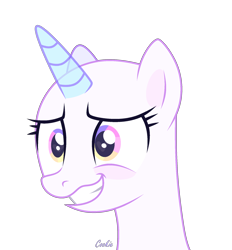 Size: 1820x1960 | Tagged: safe, artist:lazuli, derpibooru import, oc, oc only, pony, unicorn, bald, base, blushing, bust, eyelashes, grin, horn, simple background, smiling, solo, transparent background, unicorn oc