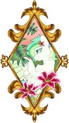 Size: 1848x3244 | Tagged: safe, artist:breioom, derpibooru import, oc, oc only, oc:verdure phoenix, pegasus, pony, bust, female, fern, flower, flower in hair, gold, leaves, lily flower, mare, picture frame, portrait, simple background, smiling, solo, transparent background, ych example, your character here