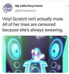 Size: 705x755 | Tagged: safe, derpibooru import, dj pon-3, vinyl scratch, pony, unicorn, female, implied swearing, implied vulgar, mare, meta, my little pony facts, solo, speakers, sunglasses, twitter