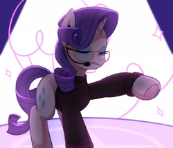 Size: 1920x1651 | Tagged: safe, artist:maren, derpibooru import, rarity, pony, unicorn, keynote pie, my little pony: pony life, spoiler:pony life s01e26, clothes, female, g4.5 to g4, glasses, headworn microphone, scene interpretation, solo, sweater, turtleneck