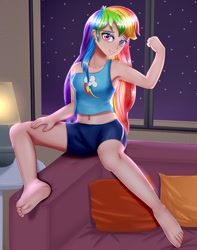 Size: 808x1024 | Tagged: safe, alternate version, artist:focusb, derpibooru import, edit, editor:thomasfan45, rainbow dash, human, equestria girls, armpits, barefoot, beautiful, bedroom eyes, belly button, clothes, compression shorts, cute, cutie mark, cutie mark on clothes, eyeshadow, feet, female, fetish, flexing, gym shorts, hand on thigh, human coloration, lamp, legs, lidded eyes, looking at you, makeup, midriff, night, off shoulder, pillow, seductive, sexy, shorts, sitting, smiling, sofa, solo, stars, stupid sexy rainbow dash, table, tanktop, tight shorts, tomboy, window
