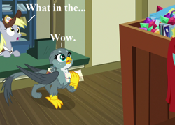 Size: 1008x720 | Tagged: safe, derpibooru import, edit, edited screencap, screencap, derpy hooves, gabby, dragon dropped, box, cropped, dialogue, disbelief, envelope, hat, mail, mailbag, mailmare hat, mailpony uniform, post office