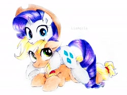 Size: 2994x2246 | Tagged: safe, artist:liaaqila, derpibooru import, applejack, rarity, earth pony, pony, unicorn, accessory swap, accessory theft, applejack's hat, commission, commissioner:raritybro, cowboy hat, female, hat, hug, lesbian, mare, ponies riding ponies, rarijack, riding, shipping, simple background, smiling, traditional art, white background