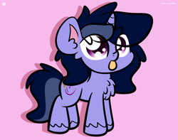 Size: 3250x2560 | Tagged: safe, artist:kimjoman, derpibooru import, oc, oc only, oc:purple flix, pony, unicorn, my little pony: pony life, :p, chest fluff, high res, horn, male, pink background, simple background, solo, stallion, tongue out, unshorn fetlocks