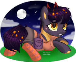 Size: 2742x2217 | Tagged: safe, artist:midnightmusic, derpibooru import, oc, oc only, oc:tricky treat, dracony, dragon, hybrid, pony, bag, blushing, candy, candy corn, clothes, cloud, commission, fangs, female, food, hairband, mare, moon, night, pumpkin, saddle bag, shirt, shorts, sky, socks, solo, stars, striped socks, ych result