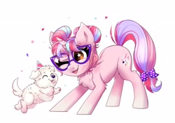 Size: 2337x1653 | Tagged: safe, artist:confetticakez, derpibooru import, oc, oc only, oc:puppy party, dog, pony, unicorn, bow, chest fluff, confetti, cute, female, glasses, hat, mare, ocbetes, one eye closed, party hat, pet, puppy, simple background, tail bow, white background