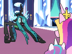 Size: 800x600 | Tagged: safe, artist:2snacks, derpibooru import, princess cadance, princess flurry heart, queen chrysalis, alicorn, changeling, changeling queen, pony, animated, crystal castle, dancing, female, get stick bugged lol, headbob, meme, perfect loop, pixel art, silly, silly changeling, wat
