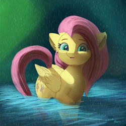 Size: 4000x4000 | Tagged: safe, artist:auroriia, artist:miokomata, derpibooru import, fluttershy, pegasus, pony, collaboration, absurd resolution, cute, ear fluff, female, mare, open mouth, rain, shyabetes, smiling, solo, water