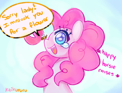 Size: 2405x1824 | Tagged: safe, artist:kaikururu, derpibooru import, pinkie pie, bee, earth pony, insect, pony, blue background, crying, cute, descriptive noise, dialogue, diapinkes, female, happy, horse noises, mare, open mouth, profile, simple background, smiling, solo, speech bubble, tears of joy