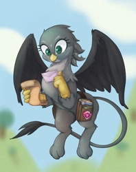 Size: 1622x2048 | Tagged: safe, artist:noupu, derpibooru import, gabby, griffon, bag, blurry background, cute, cutie mark crusaders patch, female, flying, gabbybetes, letter, saddle bag, scroll, solo