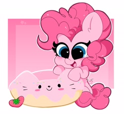 Size: 2048x1890 | Tagged: safe, artist:kittyrosie, derpibooru import, pinkie pie, cat, earth pony, pony, big ears, cute, daily dose of pony cuteness, diapinkes, donut, female, food, happy, heart eyes, mare, open mouth, sitting, smiling, solo, strawberry, wingding eyes
